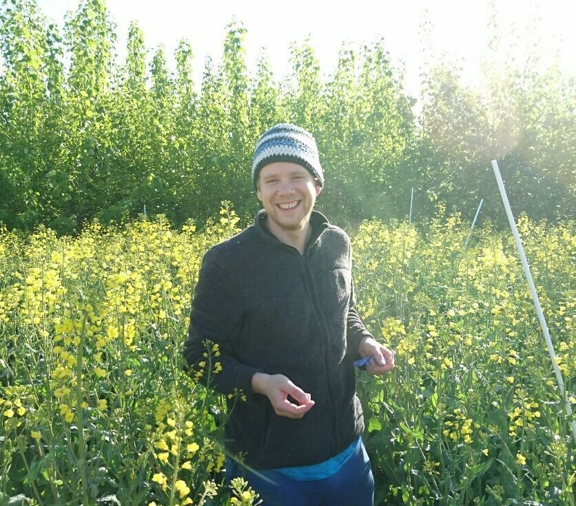 Marcus Schmidt in a blooming agroforestry system